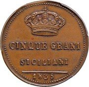 Italy 5 Grani Ferdinando II. Bourbon 1836 KM# 260 CINQUE GRANI SICILIANI 1836 coin reverse Italy 5 Grani Ferdinando II. Bourbon 1836 KM# 260 CINQUE GRANI SICILIANI 1836 coin reverse