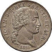 Italy 5 Lira Vittorio Emanuele I 1816 ALAVY//L (a) KM# 113 VIC. EM. D. G. REX SAR. CYP. ET. IER. 1816 coin obverse Italy 5 Lira Vittorio Emanuele I 1816 ALAVY//L (a) KM# 113 VIC. EM. D. G. REX SAR. CYP. ET. IER. 1816 coin obverse