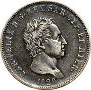 Italy 5 Lira Carlo Felice 1829 ALAVY//P (b) KM# 116.2 CAR FELIX D G REX SAR CYP ET HIER 1829 coin obverse Italy 5 Lira Carlo Felice 1829 ALAVY//P (b) KM# 116.2 CAR FELIX D G REX SAR CYP ET HIER 1829 coin obverse
