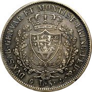 Italy 5 Lira Carlo Felice 1829 ALAVY//P (b) KM# 116.2 DVX SAB GENVAE ET MONTISF PRINC PED & L 5 coin reverse Italy 5 Lira Carlo Felice 1829 ALAVY//P (b) KM# 116.2 DVX SAB GENVAE ET MONTISF PRINC PED & L 5 coin reverse