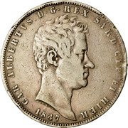 Italy 5 Lira Carlo Alberto 1847 FERRARIS//P (a) KM# 130.1 CAR ALBERTVS D G REX SARD CYP ET HIER 1847 coin obverse Italy 5 Lira Carlo Alberto 1847 FERRARIS//P (a) KM# 130.1 CAR ALBERTVS D G REX SARD CYP ET HIER 1847 coin obverse
