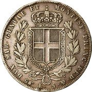 Italy 5 Lira Carlo Alberto 1847 FERRARIS//P (a) KM# 130.1 DVX SAB GENVAE ET MONTISF PRINC PED & L 5 coin reverse Italy 5 Lira Carlo Alberto 1847 FERRARIS//P (a) KM# 130.1 DVX SAB GENVAE ET MONTISF PRINC PED & L 5 coin reverse