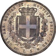 Italy 5 Lira Vittorio Emanuele II 1851 FERRARIS//B (a) KM# 144.1 DVX SAB GENVAE ET MONTISF PRINC PED &. L 5 coin reverse Italy 5 Lira Vittorio Emanuele II 1851 FERRARIS//B (a) KM# 144.1 DVX SAB GENVAE ET MONTISF PRINC PED &. L 5 coin reverse