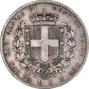 Italy 5 Lira Vittorio Emanuele II 1851 FERRARIS//P (b) KM# 144.2 DVX SAB GENVAE ET MONTISF PRINC PED.& P L 5 coin reverse Italy 5 Lira Vittorio Emanuele II 1851 FERRARIS//P (b) KM# 144.2 DVX SAB GENVAE ET MONTISF PRINC PED.& P L 5 coin reverse