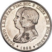 Italy 5 Lire Roberto di Borbone 1858 C# 36 ROBERTO I.D.DI PAR.PIAC.ECC. E. LUISA M.DI BORB. REGG. D BENTELLI 1858 coin obverse Italy 5 Lire Roberto di Borbone 1858 C# 36 ROBERTO I.D.DI PAR.PIAC.ECC. E. LUISA M.DI BORB. REGG. D BENTELLI 1858 coin obverse