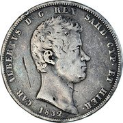 Italy 5 Lira Carlo Alberto 1832 FERRARIS//P (b) KM# 130.2 CAR ALBERTVS D G REX SARD CYP ET HIER 1835 FERRARIS coin obverse Italy 5 Lira Carlo Alberto 1832 FERRARIS//P (b) KM# 130.2 CAR ALBERTVS D G REX SARD CYP ET HIER 1835 FERRARIS coin obverse