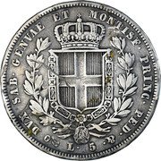 Italy 5 Lira Carlo Alberto 1832 FERRARIS//P (b) KM# 130.2 DVX SAB GENVAE ET MONTISF PRINC PED. & P L 5 coin reverse Italy 5 Lira Carlo Alberto 1832 FERRARIS//P (b) KM# 130.2 DVX SAB GENVAE ET MONTISF PRINC PED. & P L 5 coin reverse