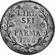Italy 6 Lira Ferdinando di Borbone 1796 C# 9 LIRE SEI DI PARMA 1796 D G coin reverse Italy 6 Lira Ferdinando di Borbone 1796 C# 9 LIRE SEI DI PARMA 1796 D G coin reverse