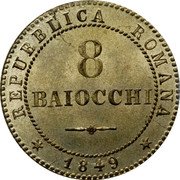Italy 8 Baiocchi Eagle Within Wreath 1849 R KM# 25 REPUBBLICA ROMANA 8 BAIOCCHI 1849 coin obverse Italy 8 Baiocchi Eagle Within Wreath 1849 R KM# 25 REPUBBLICA ROMANA 8 BAIOCCHI 1849 coin obverse