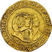 Italy 8 Scudo D'oro Charles Emmanuel II 1641 KM# 1070 CHR. FR. CAR. EM. DVCES. SAB. P. P. PEDEM. R. R. CYPRI. 1641 coin obverse Italy 8 Scudo D'oro Charles Emmanuel II 1641 KM# 1070 CHR. FR. CAR. EM. DVCES. SAB. P. P. PEDEM. R. R. CYPRI. 1641 coin obverse