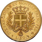 Italy 80 Lira Vittorio Emanuele I 1821 ALAVY//L (a) KM# 119 DVX SAB GENVAE ET MONTISF PRINC PED & L 80 coin reverse Italy 80 Lira Vittorio Emanuele I 1821 ALAVY//L (a) KM# 119 DVX SAB GENVAE ET MONTISF PRINC PED & L 80 coin reverse