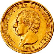 Italy 80 Lira Carlo Felice 1828 ALAVY//P (b) KM# 123.2 CAR FELIX D G REX SAR CYP ET HIER 1828 coin obverse Italy 80 Lira Carlo Felice 1828 ALAVY//P (b) KM# 123.2 CAR FELIX D G REX SAR CYP ET HIER 1828 coin obverse