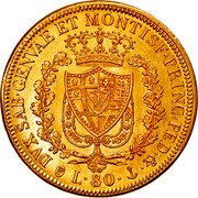 Italy 80 Lira Carlo Felice 1828 ALAVY//P (b) KM# 123.2 DVX SAB GENVAE ET MONTISF PRINC PED &. L 80 coin reverse Italy 80 Lira Carlo Felice 1828 ALAVY//P (b) KM# 123.2 DVX SAB GENVAE ET MONTISF PRINC PED &. L 80 coin reverse