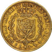Italy 80 Lira Carlo Felice 1828 A.LAVY//L (a) KM# 123.1 DVX SAB GENVAE ET MONTISF PRINC PED & L. 80 coin reverse Italy 80 Lira Carlo Felice 1828 A.LAVY//L (a) KM# 123.1 DVX SAB GENVAE ET MONTISF PRINC PED & L. 80 coin reverse