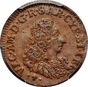 Italy Cagliarese Vittorio Amedeo II 1724 KM# 4 VIC AM D G R SAR CYP ET IER coin obverse Italy Cagliarese Vittorio Amedeo II 1724 KM# 4 VIC AM D G R SAR CYP ET IER coin obverse