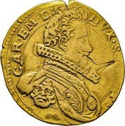 Italy Doppia Carlo Emanuele I 1605 KM# 17.1 CAR. EM. D.G. DVX. SAB. P. P. coin obverse Italy Doppia Carlo Emanuele I 1605 KM# 17.1 CAR. EM. D.G. DVX. SAB. P. P. coin obverse