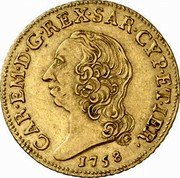 Italy Doppia Carlo Emanuele III 1758 KM# 51 CAR EM D G REX SAR CYP ET IER 1755 coin obverse Italy Doppia Carlo Emanuele III 1758 KM# 51 CAR EM D G REX SAR CYP ET IER 1755 coin obverse