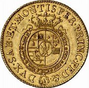Italy Doppia Carlo Emanuele III 1758 KM# 51 DVX SAB ET MONTISFER PRINC PED & coin reverse Italy Doppia Carlo Emanuele III 1758 KM# 51 DVX SAB ET MONTISFER PRINC PED & coin reverse