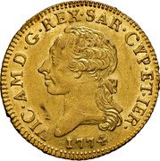 Italy Doppia Vittorio Amedeo III 1774 KM# 78 VIC AM D G REX SAR CYP ET IER 1776 coin obverse Italy Doppia Vittorio Amedeo III 1774 KM# 78 VIC AM D G REX SAR CYP ET IER 1776 coin obverse