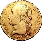 Italy Doppia Vittorio Emanuele I 1815 ALAVY Superior Pipito sale 12-87 choice VF realized $13,750;Stack's International sale 3-88 XF realized $11,550 KM# 112 VIC EM D G REX SAR CYP ET IER 1815 coin obverse Italy Doppia Vittorio Emanuele I 1815 ALAVY Superior Pipito sale 12-87 choice VF realized $13,750;Stack's International sale 3-88 XF realized $11,550 KM# 112 VIC EM D G REX SAR CYP ET IER 1815 coin obverse