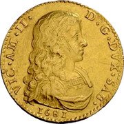 Italy Doppia Vittorio Amedeo II 1681 KM# 311 VIC AM II D G DVX SAB 1682 coin obverse Italy Doppia Vittorio Amedeo II 1681 KM# 311 VIC AM II D G DVX SAB 1682 coin obverse