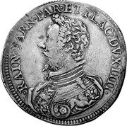 Italy Ducatone Ranuccio Farnese 1603 DAV# 4115 RAIN FARN PAR ET PLAC DVX IIII coin obverse Italy Ducatone Ranuccio Farnese 1603 DAV# 4115 RAIN FARN PAR ET PLAC DVX IIII coin obverse
