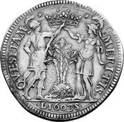 Italy Ducatone Ranuccio Farnese 1603 DAV# 4115 QVESITAM MERITIS L 1603 S coin reverse Italy Ducatone Ranuccio Farnese 1603 DAV# 4115 QVESITAM MERITIS L 1603 S coin reverse