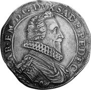 Italy Ducatone Carlo Emanuele I 1627 KM# 91 CAR EM D G DVX SAB P PED ET C 1627 coin obverse Italy Ducatone Carlo Emanuele I 1627 KM# 91 CAR EM D G DVX SAB P PED ET C 1627 coin obverse