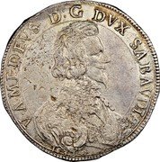 Italy Ducatone Vittorio Amedeo I 1632 KM# 133 V AMEDEUS D G DUX SABAUDIAE 1633 coin obverse Italy Ducatone Vittorio Amedeo I 1632 KM# 133 V AMEDEUS D G DUX SABAUDIAE 1633 coin obverse