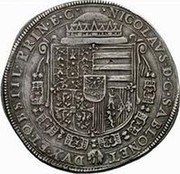 Italy Ducatone Nicolo Ramirez 1666 KM# 6 NICOLAVS D G SABLONET DVX ET OBSTIL PRIN E C coin obverse Italy Ducatone Nicolo Ramirez 1666 KM# 6 NICOLAVS D G SABLONET DVX ET OBSTIL PRIN E C coin obverse