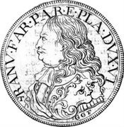Italy Ducatone Ranuccio Farnese II 1673 DAV# 4123 RANV FAR PAR E PLA DVX VI GGF coin obverse Italy Ducatone Ranuccio Farnese II 1673 DAV# 4123 RANV FAR PAR E PLA DVX VI GGF coin obverse