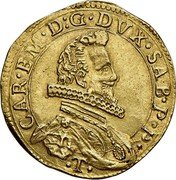 Italy Quadrupla Carlo Emanuele I ND (1605) T KM# 18 CAR. EM. D.G. DVX. SAB. P. P. T coin obverse Italy Quadrupla Carlo Emanuele I ND (1605) T KM# 18 CAR. EM. D.G. DVX. SAB. P. P. T coin obverse