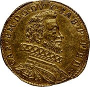 Italy Quadrupla Carlo Emanuele I ND KM# 44 CAR. EM. D.G. DVX. SAB. P. PED. coin obverse Italy Quadrupla Carlo Emanuele I ND KM# 44 CAR. EM. D.G. DVX. SAB. P. PED. coin obverse