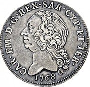 Italy Scudo Carlo Emanuele III 1768 KM# 60 CAR EM D G REX SAR CYP ET IER 1768 coin obverse Italy Scudo Carlo Emanuele III 1768 KM# 60 CAR EM D G REX SAR CYP ET IER 1768 coin obverse