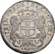 Italy Scudo Bianco Vittorio Amedeo II 1695 KM# 327 PRIN PEDE REX CYPRI 1690 coin reverse Italy Scudo Bianco Vittorio Amedeo II 1695 KM# 327 PRIN PEDE REX CYPRI 1690 coin reverse