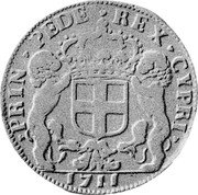 Italy Scudo Bianco Vittorio Amedeo II 1711 KM# 355 PRIN PEDE REX CYPRI 1711 coin reverse Italy Scudo Bianco Vittorio Amedeo II 1711 KM# 355 PRIN PEDE REX CYPRI 1711 coin reverse