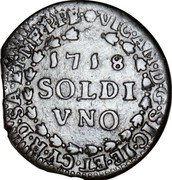 Italy Soldo Vittorio Amedeo II 1718 KM# 363 VIC AM D G SIC IE ET CY R D SA ET M F P PE 1718 SOLDO VNO coin obverse Italy Soldo Vittorio Amedeo II 1718 KM# 363 VIC AM D G SIC IE ET CY R D SA ET M F P PE 1718 SOLDO VNO coin obverse