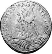 Italy Tallero 1609 KM# 16.1 Pisa/ City Standard Coinage COSMVS MED MAGN ETR DVX IIII 1609 coin obverse Italy Tallero 1609 KM# 16.1 Pisa/ City Standard Coinage COSMVS MED MAGN ETR DVX IIII 1609 coin obverse