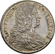 Italy Tallero Antonio Tolomeo Trivulzio Gallio 1726 KM# 36 ANT PTOLOM TRIVULTIUS coin obverse Italy Tallero Antonio Tolomeo Trivulzio Gallio 1726 KM# 36 ANT PTOLOM TRIVULTIUS coin obverse