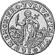 Italy 1/4 Ducatone (31 Soldi) (St. Justina. Alvise Mocenigo IV) KM# 658 MEMOR ERO TVI IVSTINA VIR 31 coin reverse Italy 1/4 Ducatone (31 Soldi) (St. Justina. Alvise Mocenigo IV) KM# 658 MEMOR ERO TVI IVSTINA VIR 31 coin reverse