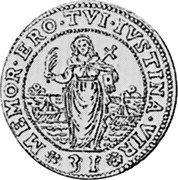Italy 1/4 Ducatone (31 Soldi) St. Justina. Francesco Loredan ND GAC KM# 606 MEMOR ERO TVI IVSTINA VIR 31 coin reverse Italy 1/4 Ducatone (31 Soldi) St. Justina. Francesco Loredan ND GAC KM# 606 MEMOR ERO TVI IVSTINA VIR 31 coin reverse