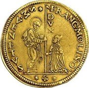 Italy 15 Zecchino Christ in Beaded Ellipse. Francesco Molin ND A choice VF example realized approximately $26,000 in a January 2010 Stack's auction. KM# 216 FRANC MOLINO S M VENETVS DVX coin obverse Italy 15 Zecchino Christ in Beaded Ellipse. Francesco Molin ND A choice VF example realized approximately $26,000 in a January 2010 Stack's auction. KM# 216 FRANC MOLINO S M VENETVS DVX coin obverse