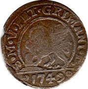 Italy 5 Soldi St. Justina. Pietro Grimani 1749 KM# 573 S M V PET GRIMANI D 1749 coin obverse Italy 5 Soldi St. Justina. Pietro Grimani 1749 KM# 573 S M V PET GRIMANI D 1749 coin obverse