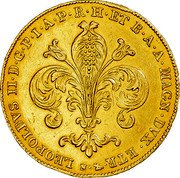 Italy 80 Fiorini Leopold II 1828 C# 78 LEOPOLDVS II D G P I A P R H ET B A A MAGN DVX ETR N coin obverse Italy 80 Fiorini Leopold II 1828 C# 78 LEOPOLDVS II D G P I A P R H ET B A A MAGN DVX ETR N coin obverse
