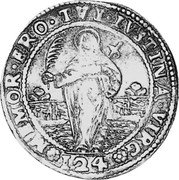 Italy Ducatone Domenico Contarini 1659 MAS KM# 307 MEMOR ERO TVI IVSTINA VIRG 124 coin reverse Italy Ducatone Domenico Contarini 1659 MAS KM# 307 MEMOR ERO TVI IVSTINA VIRG 124 coin reverse