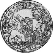 Italy Ducatone St. Justina. Alvise Pisani 1735 ZF KM# 556 S M V ALOYSIVS PISANI D coin obverse Italy Ducatone St. Justina. Alvise Pisani 1735 ZF KM# 556 S M V ALOYSIVS PISANI D coin obverse