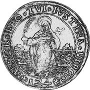 Italy Ducatone St. Justina. Alvise Pisani 1735 ZF KM# 556 MEMOR ERO TVI IVSTINA VIRG(O) coin reverse Italy Ducatone St. Justina. Alvise Pisani 1735 ZF KM# 556 MEMOR ERO TVI IVSTINA VIRG(O) coin reverse