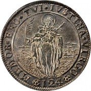 Italy Ducatone (Alvise Mocenigo IV) KM# 664 MEMOR ERO TVI IVSTINA VIRGO 124 coin reverse Italy Ducatone (Alvise Mocenigo IV) KM# 664 MEMOR ERO TVI IVSTINA VIRGO 124 coin reverse