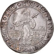 Italy Ducatone St. Justina. Alvise Mocenigo III ND VQ KM# 512 MEMOR ERO TVI IVSTINA VIR 124 coin reverse Italy Ducatone St. Justina. Alvise Mocenigo III ND VQ KM# 512 MEMOR ERO TVI IVSTINA VIR 124 coin reverse