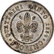 Italy Fiorino Leopoldo II 1859 C# 79 QUATRINI CENTO FIORINO 1859 coin reverse Italy Fiorino Leopoldo II 1859 C# 79 QUATRINI CENTO FIORINO 1859 coin reverse